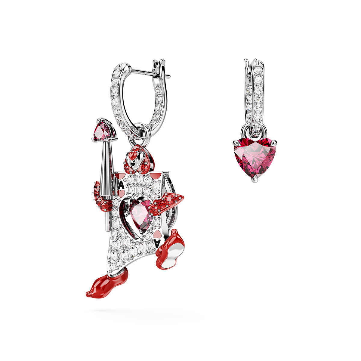 Swarovski Alice in Wonderland drop earrings, Asymmetrical design, Playing card, Red, Rhodium plated